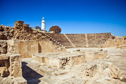 Coastal view of Paphos, Cyprus with blue Mediterranean water